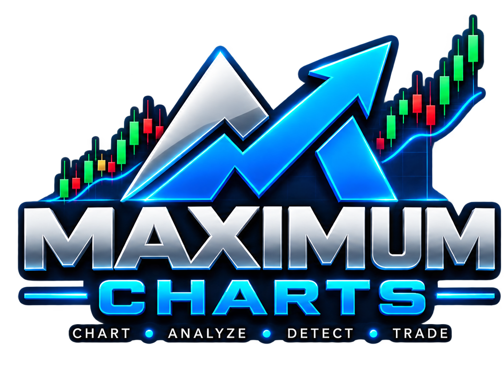 Maximum Charts chrome and blue logo with rising chart artwork